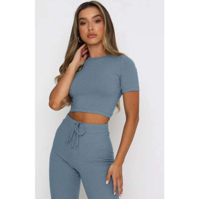 Fashion Casual Suit Women's Solid Colour High Stretch Shaping Short Sleeve Pit Stripe Wide Leg Pants Suit