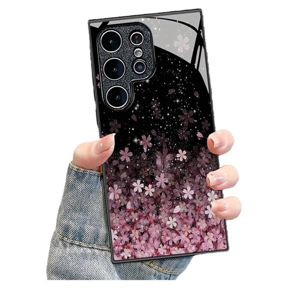 Sparkling cherry blossom tempered glass phone case suitable for Samsung Galaxy S26 S25 S24 S22 S21 S20 FE Ultra Plus hard case