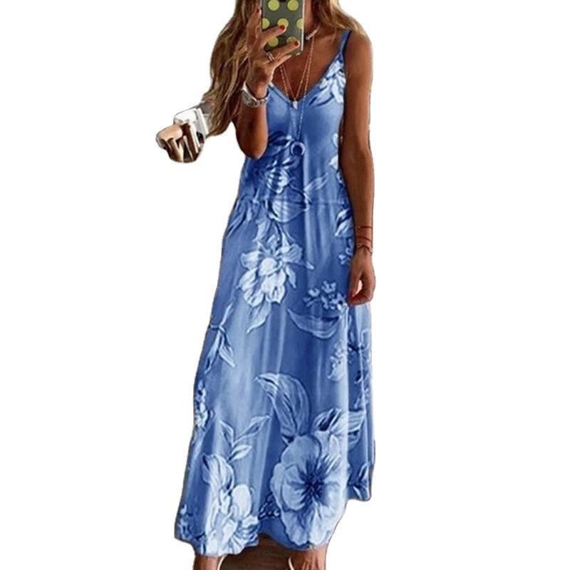 Fashion Loose Printed Suspenders Long Dress Women V Neck Plus Size Casual Simple Floral Maxi A-line Party Dresses Summer Spring Streetwear Clothing