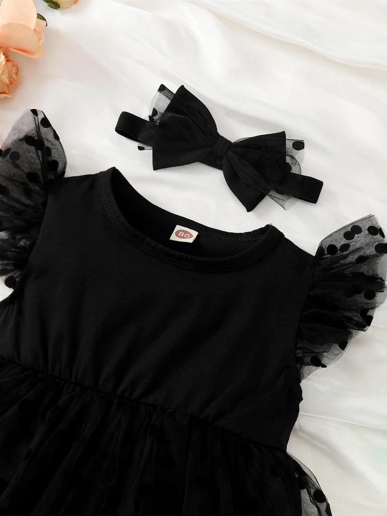 Baby Girl Cute Polka Dot Snow Fly Sleeve Mesh Skirt Black Triangle Jumpsuit