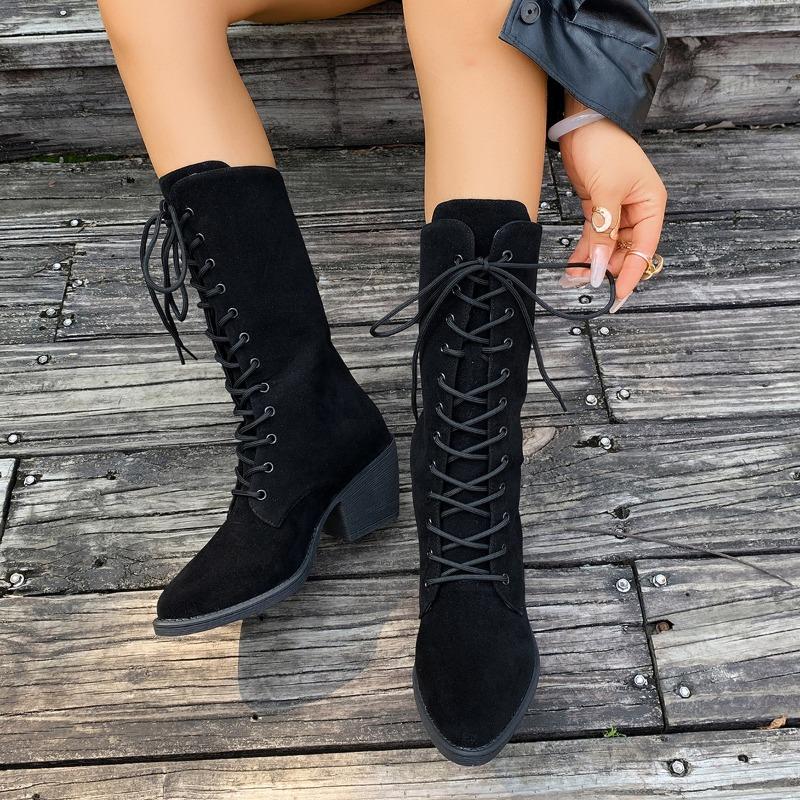 New Style Hot Sale Big Size 43 Lace-up Women's Vintage Mid-calf Boot Women Shoes High Heels Retro Purple Black Brown Boot Female