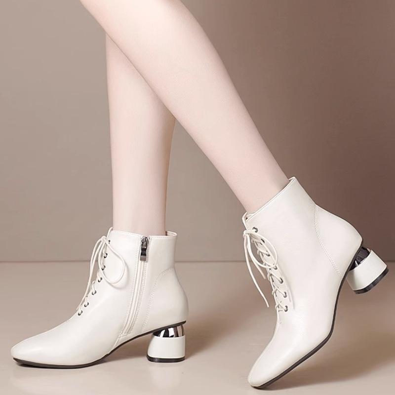 Ji Thick Heel Short Boots Women'S Head Lace-Up Leather Shoes Medium Heel Retro Black Boots