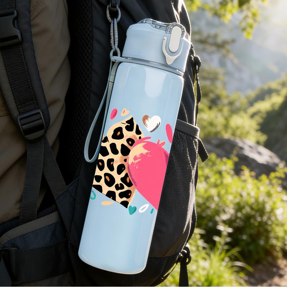 1PC Multi Texture Patch Heart Combo 750ml Color Plastic Sports Water Bottle Leakproof Flip Straw Lid Suitable for Sports Office Home Use