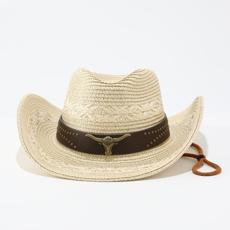 Ethnic style western cowboy straw hat women's summer outdoor mountaineering shading sun protection hat big head circumference big brim sun hat