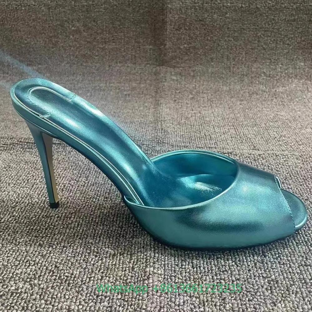 Fashion Genuine Leather Peep Toe Thin Heel Women Slippers Solid Summer Fashion Sandals Slip-On Shallow Patent Leather Shiny Sandals