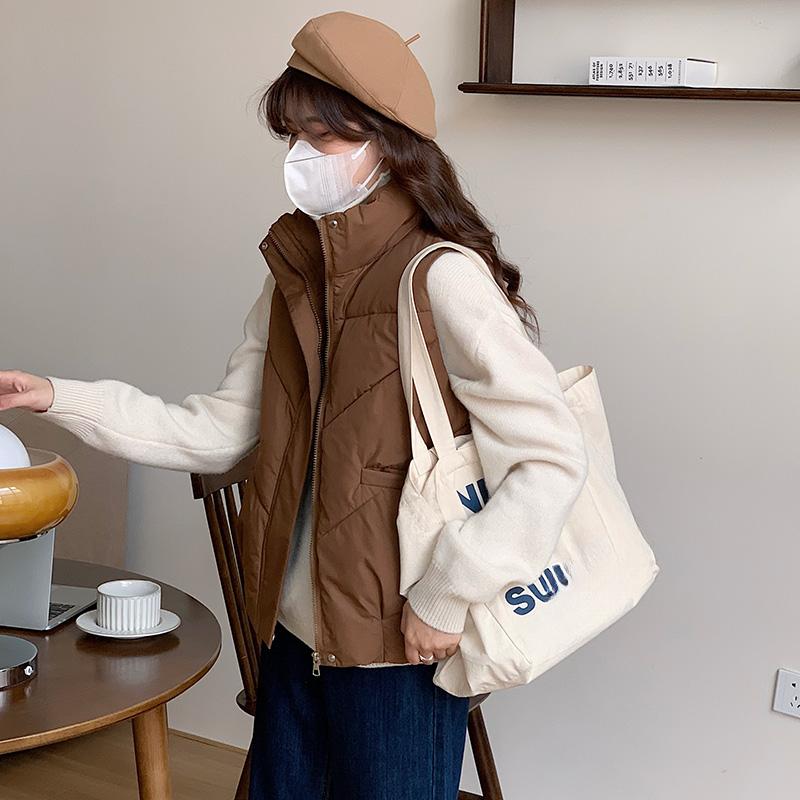 Loose Cotton Sleeveless Vest with Side Zipper for Women, Korean Style Solid Color Coat for Autumn and Winter