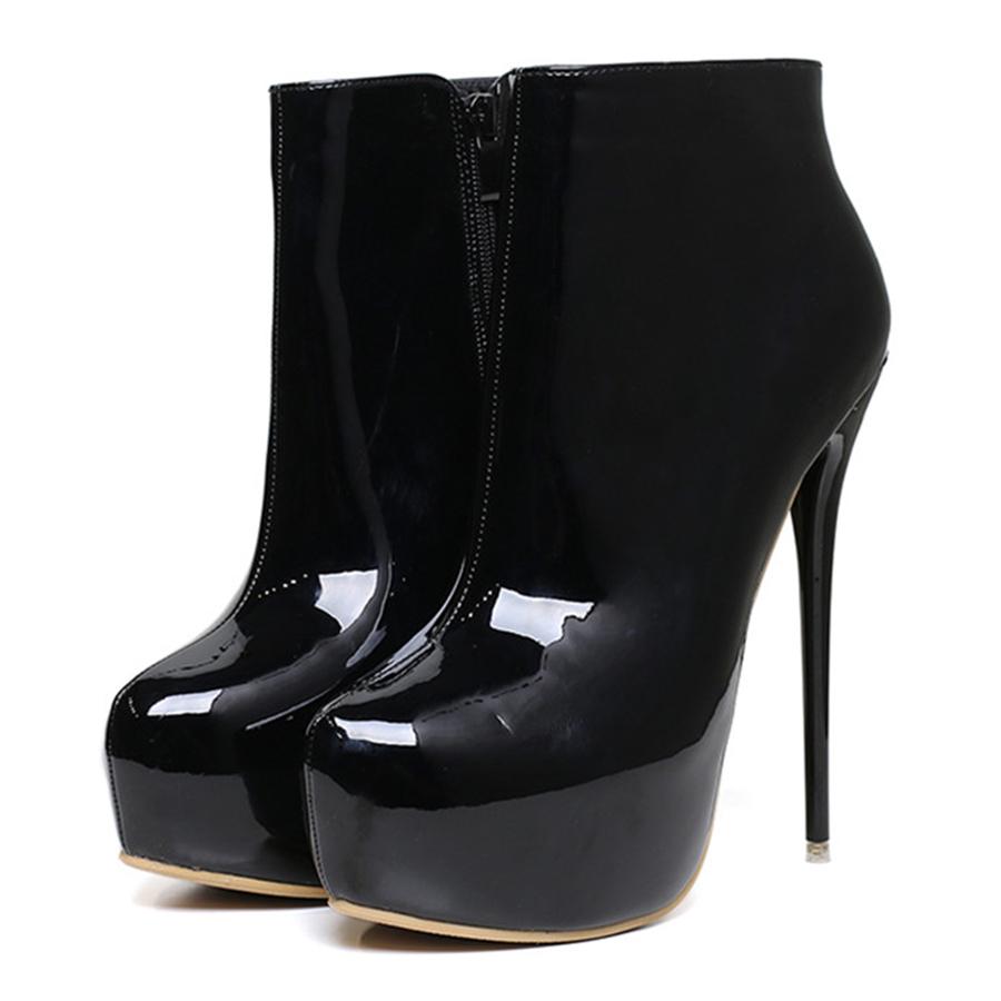 Fashion Big Size 35-44 Patent Leather Women Boots Round Toe Side Zipper Super High Heels 16CM Pumps 2025 Sexy Platform Party Shoes Woman