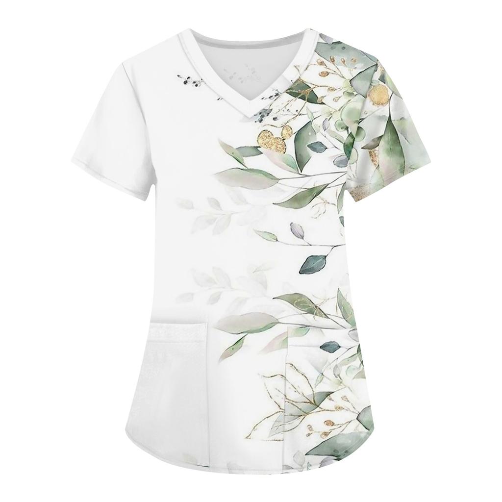 T-shirt de travail à manches courtes et col en V pour femme avec imprimé tendance et petite poche