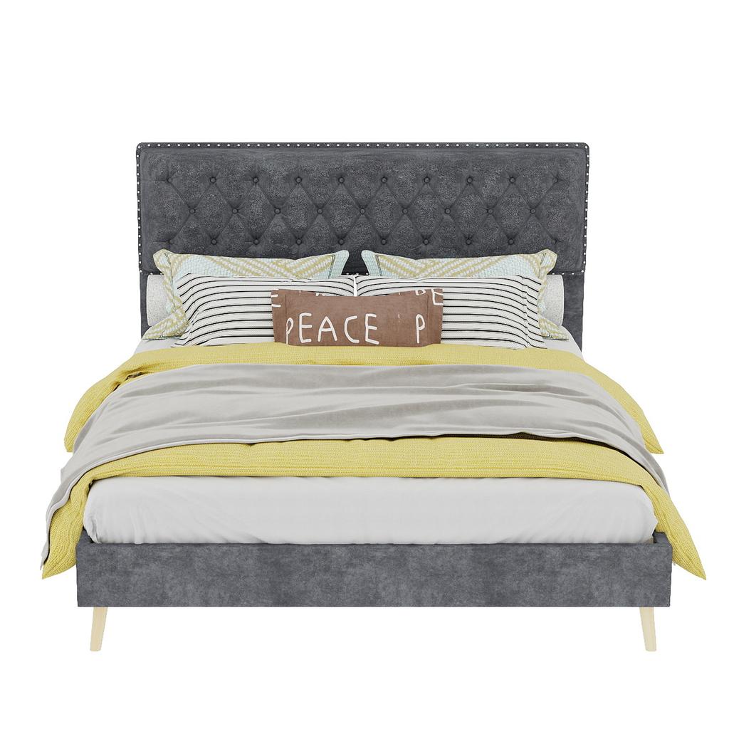 Modern minimalist soft bed, 140*200CM, grey, multifunctional bedroom furniture, low box bed frame without lifting rod, include140*200cm mattress.