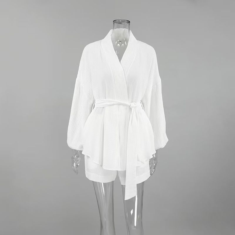 Fashion Bubble Wrinkle Long Sleeve Nightgown Shorts Suit Homewear Sleeping Robe and Shorts Set