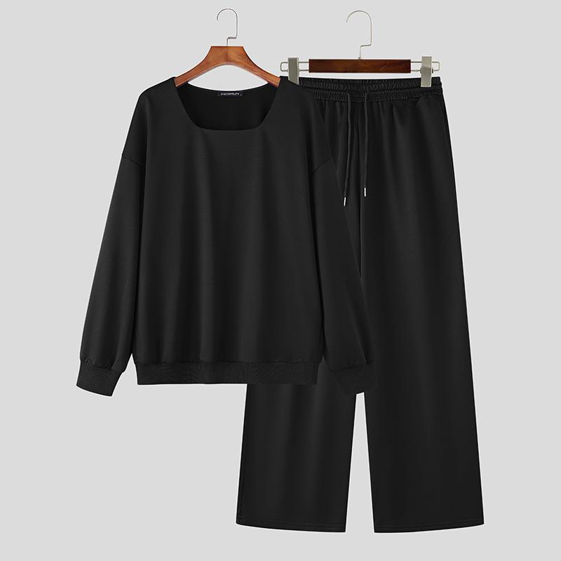 

INCERUN 2PCS Men Square Collar Long Sleeve Thin Sweatshirts Long Pants Sports Sets S чёрный