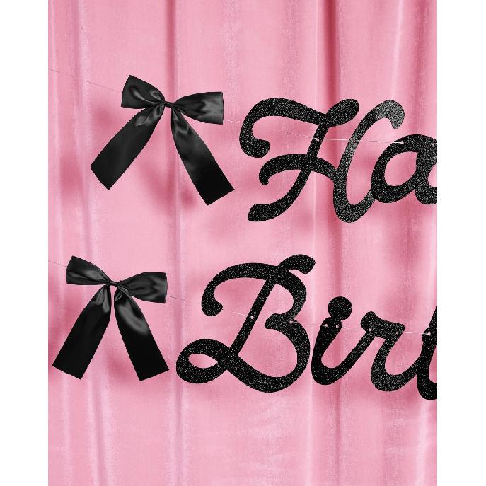 Xo, Fetti Happy Birthday Banner, Black Glitter + Satin Bows - 5.5 Ft. | Birthday Decorations, Coquette Bday Decor, 30th Party Sign, 21st Photo Booth