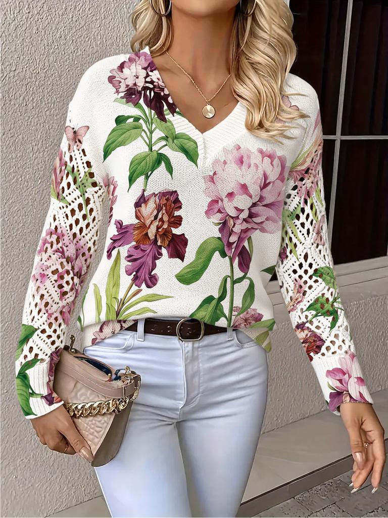 Neues bedrucktes V-Ausschnitt-Oberteil Damen beliebter Pullover Langarm Frühling und Herbst Pullover