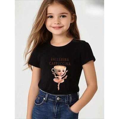 Blusa Casual de Verão de Manga Curta com Gola Redonda e Desenho Animado para Meninas, Camiseta Regular da Moda