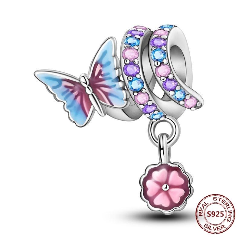 Butterfly Charm copper Authentic Pink Blue Zircon Fly Butterflies Safety Chain Clip Charm Bead Charms Compatible With Bracelets Do It Yourself Jewelle