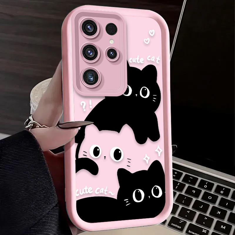 Cute Big Eyed Black Cat Phone Case for Samsung Galaxy S24 S25 S23 Ultra S22 S21 Plus FE A36 A56 A26 A16 A06 A15 A25 A35 A55 5G
