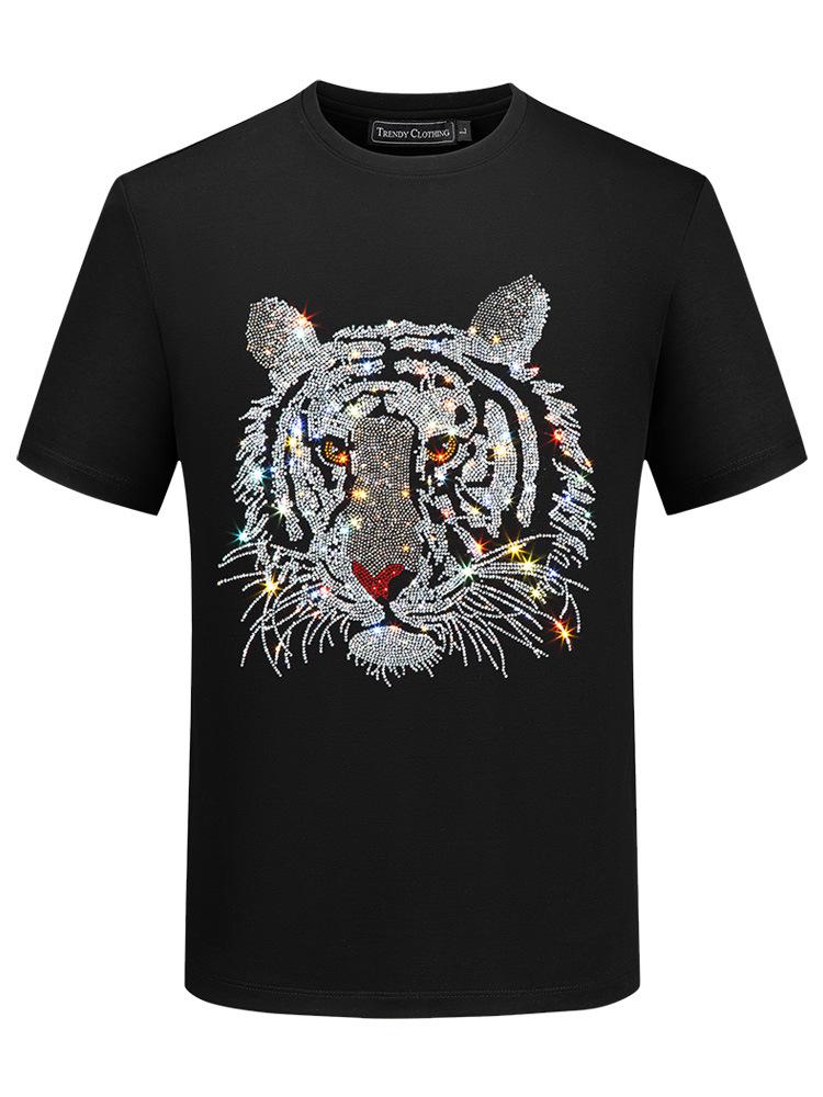 2026 Men's Slim Fit Short Sleeve T-Shirt with Rhinestone Tiger Head Design - Silk Cotton, Trendy, Plus Size Available