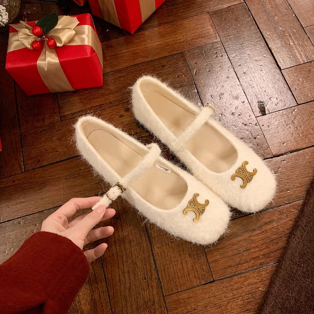 Su Yinyin same Christmas dinner~ velvet Arc de Triomphe gold buckle thick heel Mary Jane fluffy shoes women's single shoes
