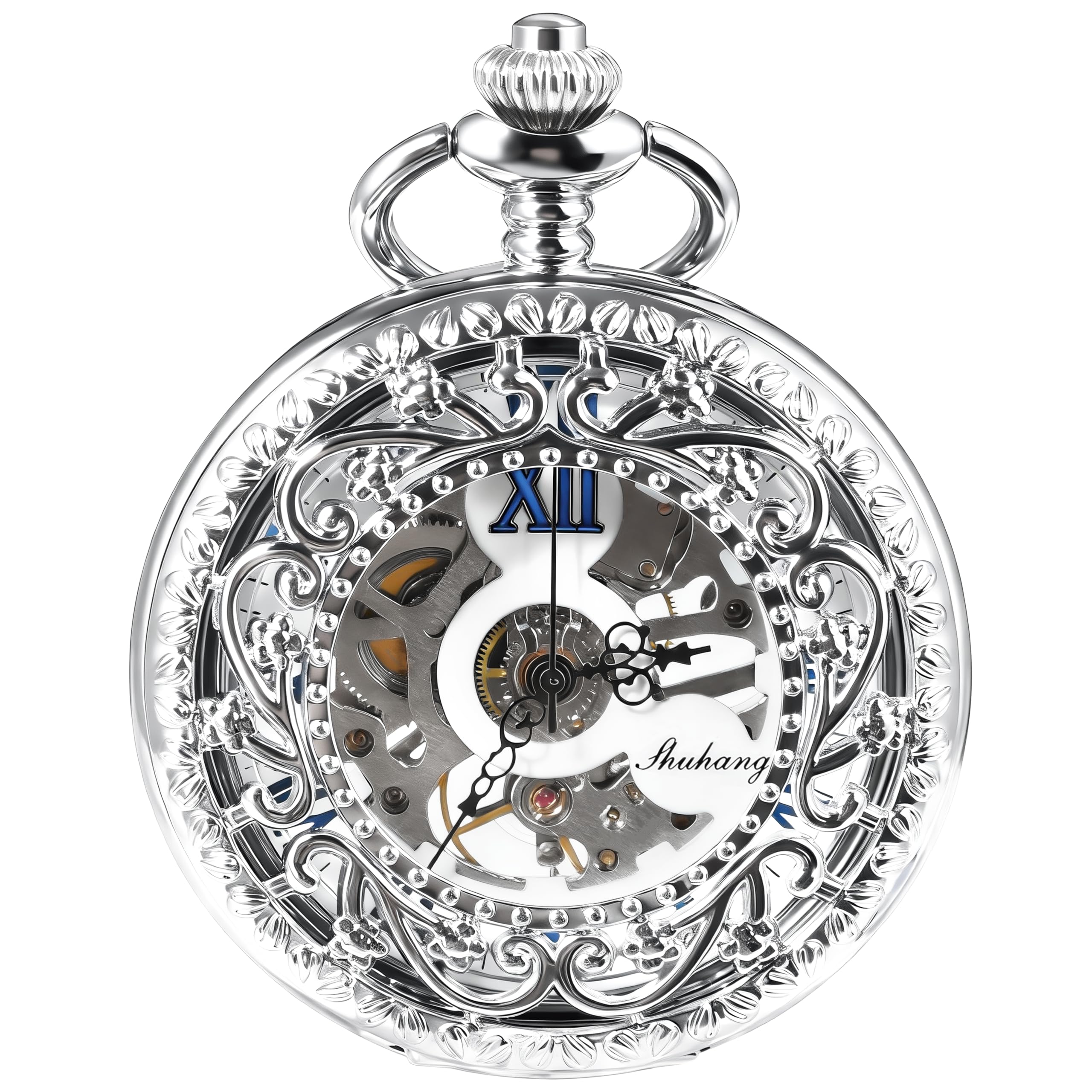TREEWETO Mechanical Pocket Watch, Hollow, Silver Flower Vine, Skeleton, Roman Numerals