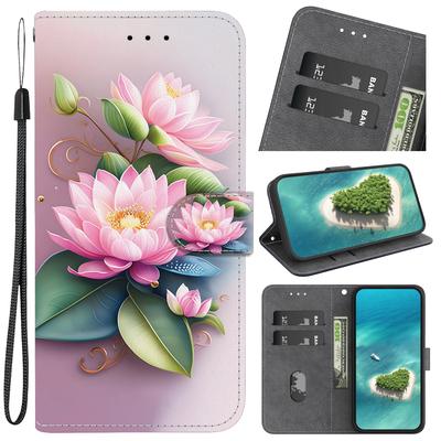 Lotus Flower Pattern Flip Wallet PU Leather Case with For iPhone Samsung Infinix TECNO OPPO Realme Moto Blackview Nokia...for Over 900 Phone Models