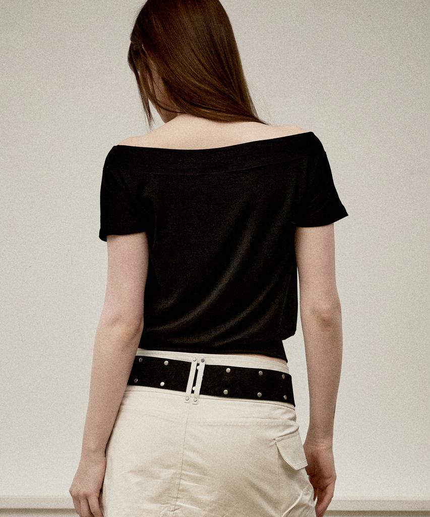 KITTY POTTERY Sheer Off-Shoulder Short Sleeve T-Shirt [Black]