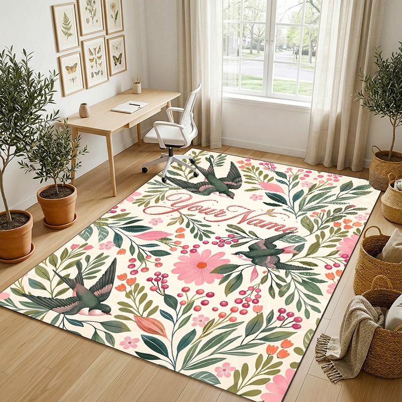 Floral Theme Soft Crystal Velvet Rug Custom Name & Text Print Non Slip Floor Rug for Bedroom Living Room