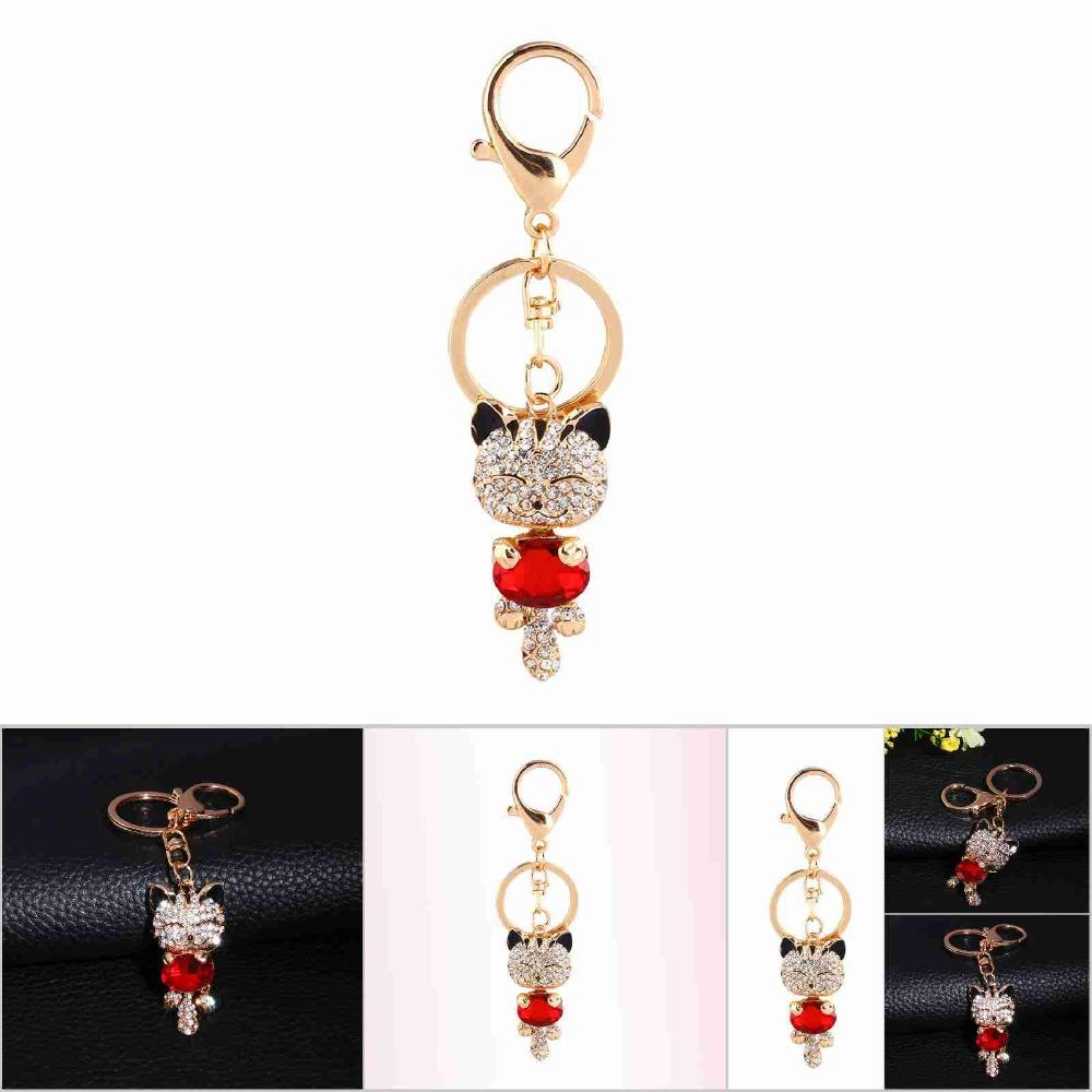 Alloy Rhinestone Key Chain Cat Bling Crystals 3D Rhinestone Keychain Stylish Black Red Charm Pendant Purse Bag Accessory