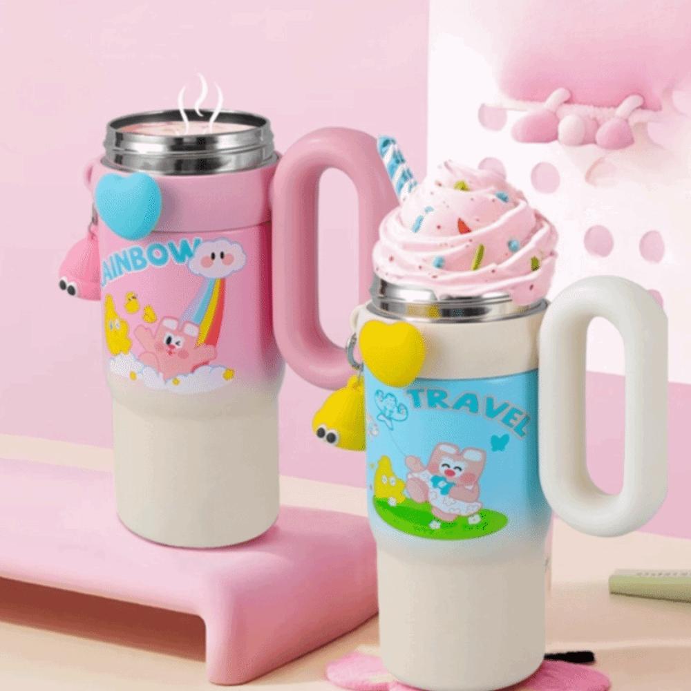 800ml Cartoon Doll Straw Thermos Cup Stainless Steel Insulated Water Cup  Office