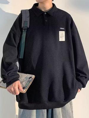Men's Plus Size Polo Hoodie - Long Sleeve Lapel T-shirt, Spring/Autumn, Hong Kong Street Style