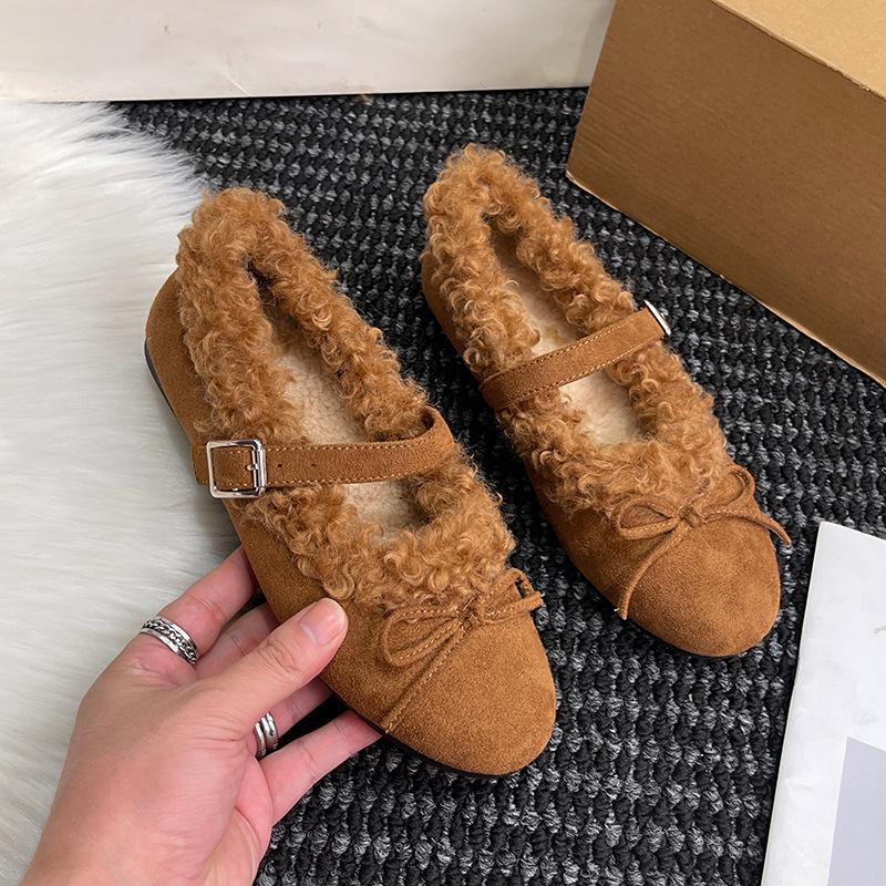 Plush ballet Mary Jane shoes women's one-word buckle plush flat bottom shallow mouth warm elegant retro bow beanie shoes