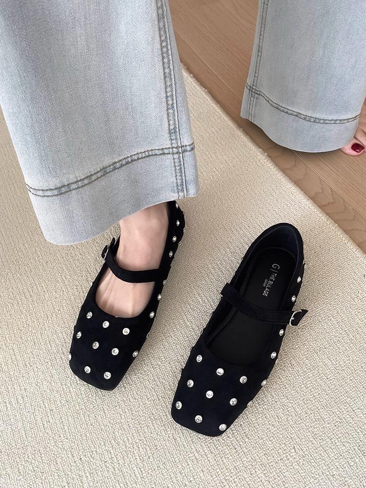 Rhinestone Flat with Skirt Mary Jane Single Shoe Woman 2025 Spring French Evening Commuter Grandma Shoe Trend