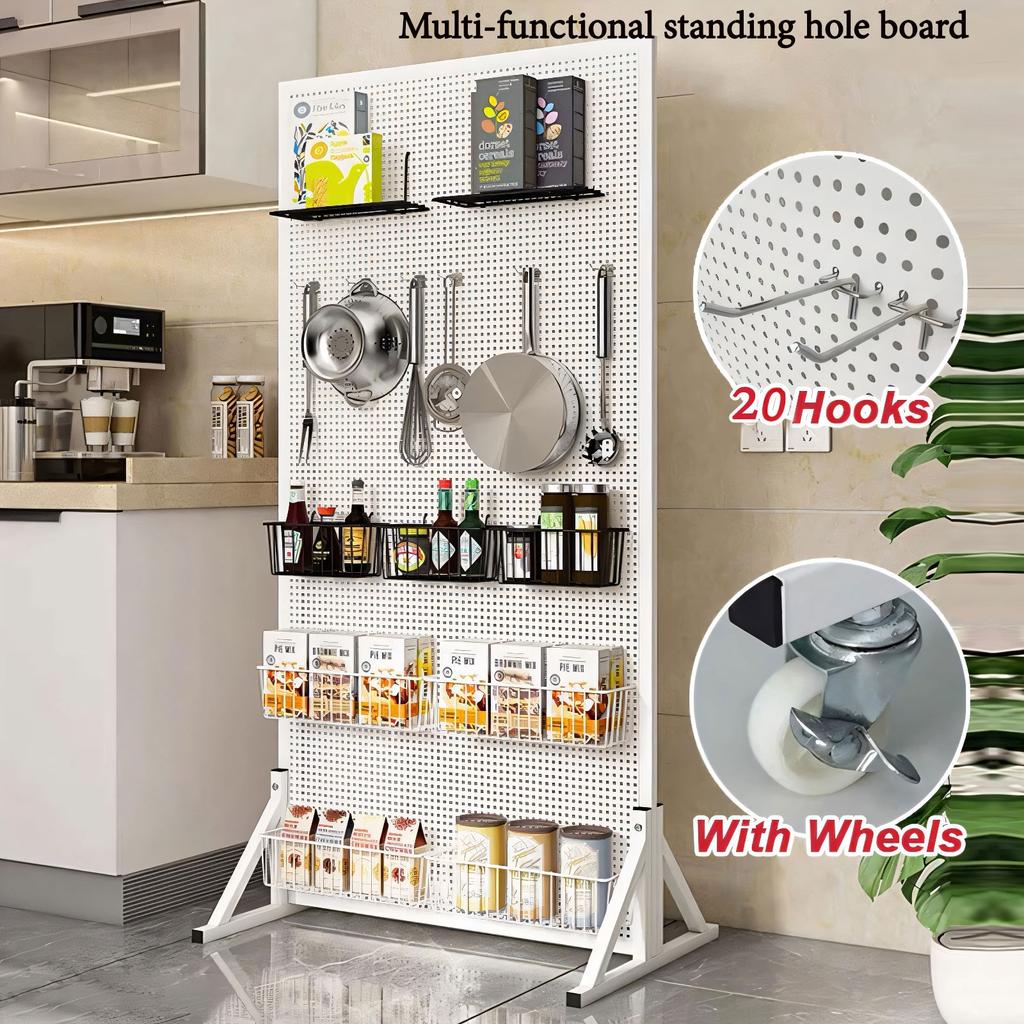 Metal Pegboard with Stand Movable Floor Standing Storage Rack Jewelry Hat Display Pegboard  Tools for Bedrooms Living Rooms and Kitchen