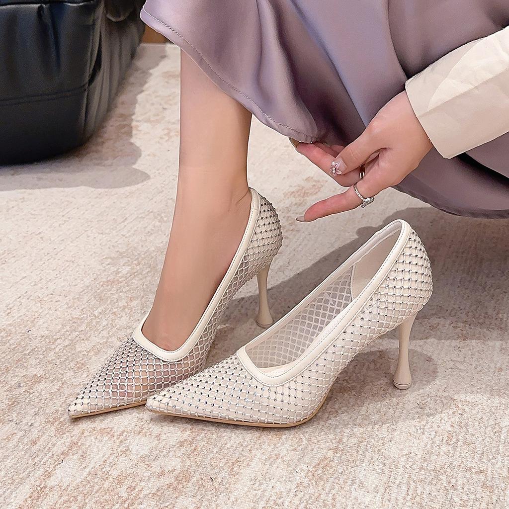 6188-8 New temperament high heels women's pointed head thin heel rhinestone mesh single shoes shallow bridesmaid women's shoes wedding shoes