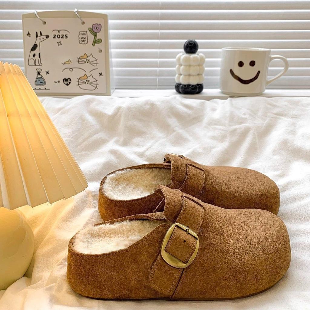 Autumn and winter new retro style Birkenstock bag head slippers thick bottom heightening velvet lazy bag head half slippers