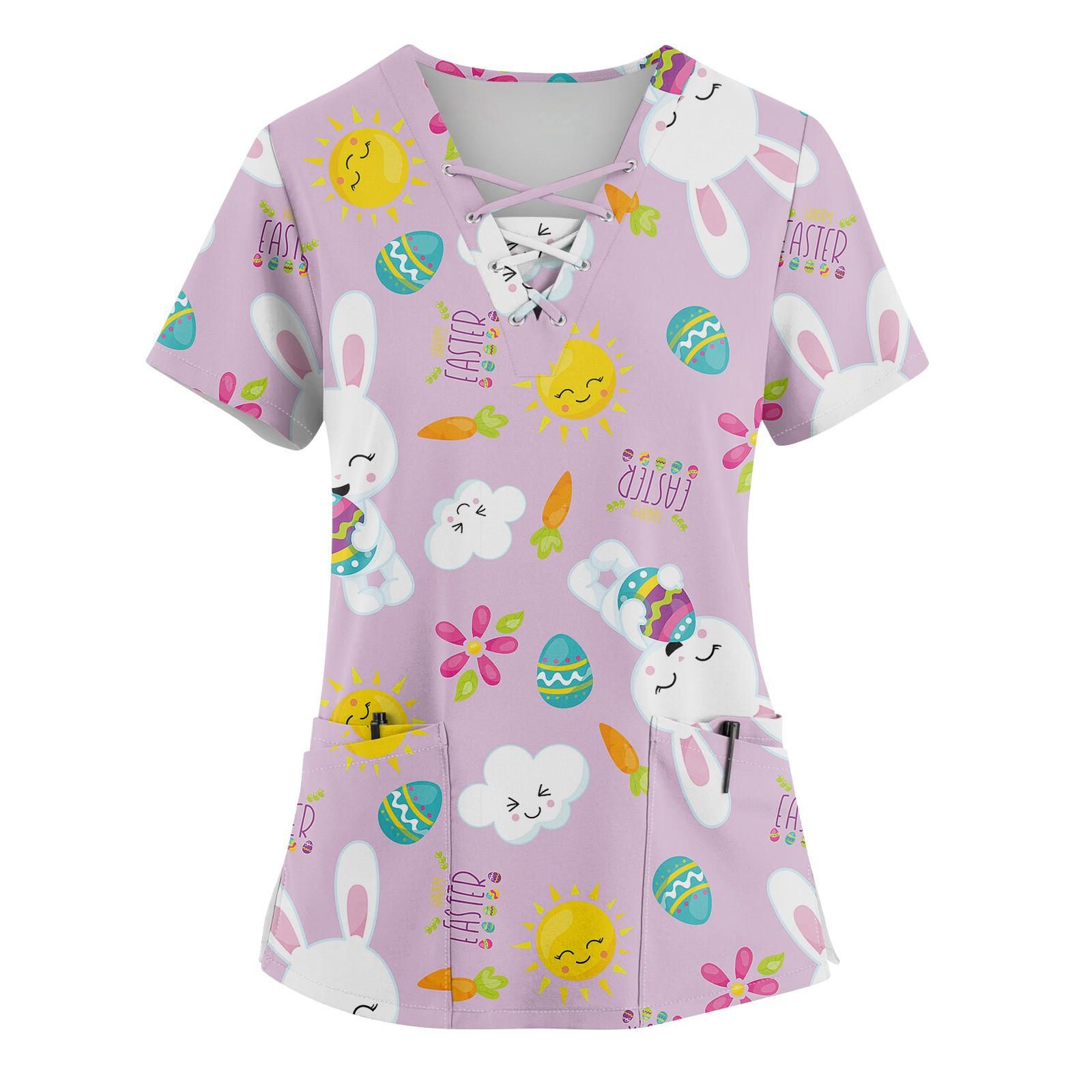 

Женский топ с коротким рукавом, V-образным вырезом, завязкой, принтом пасхального кролика и карманом M циан