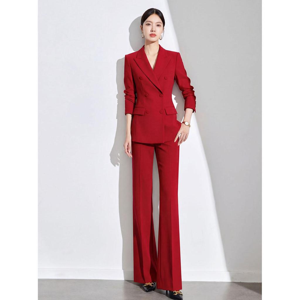 2026 Red Double-Breasted Slim-Fit Suit Set: Spring/Autumn Professional Host Wear