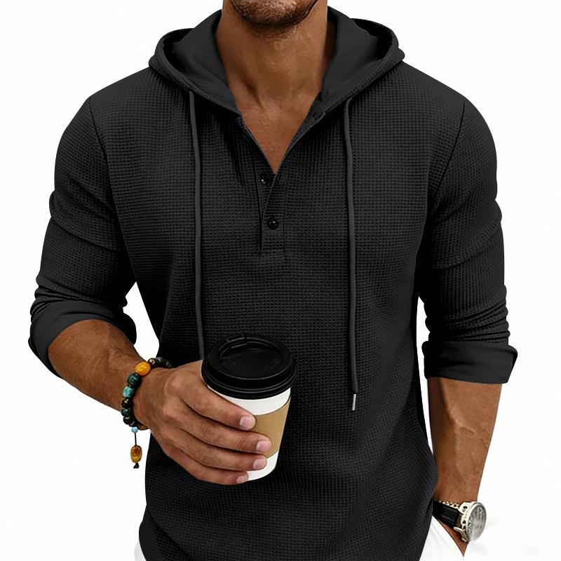 Erkek S Waffle Örgü Kapüşonlu Uzun Kollu Henley Gömlek Günlük Sweatshirt