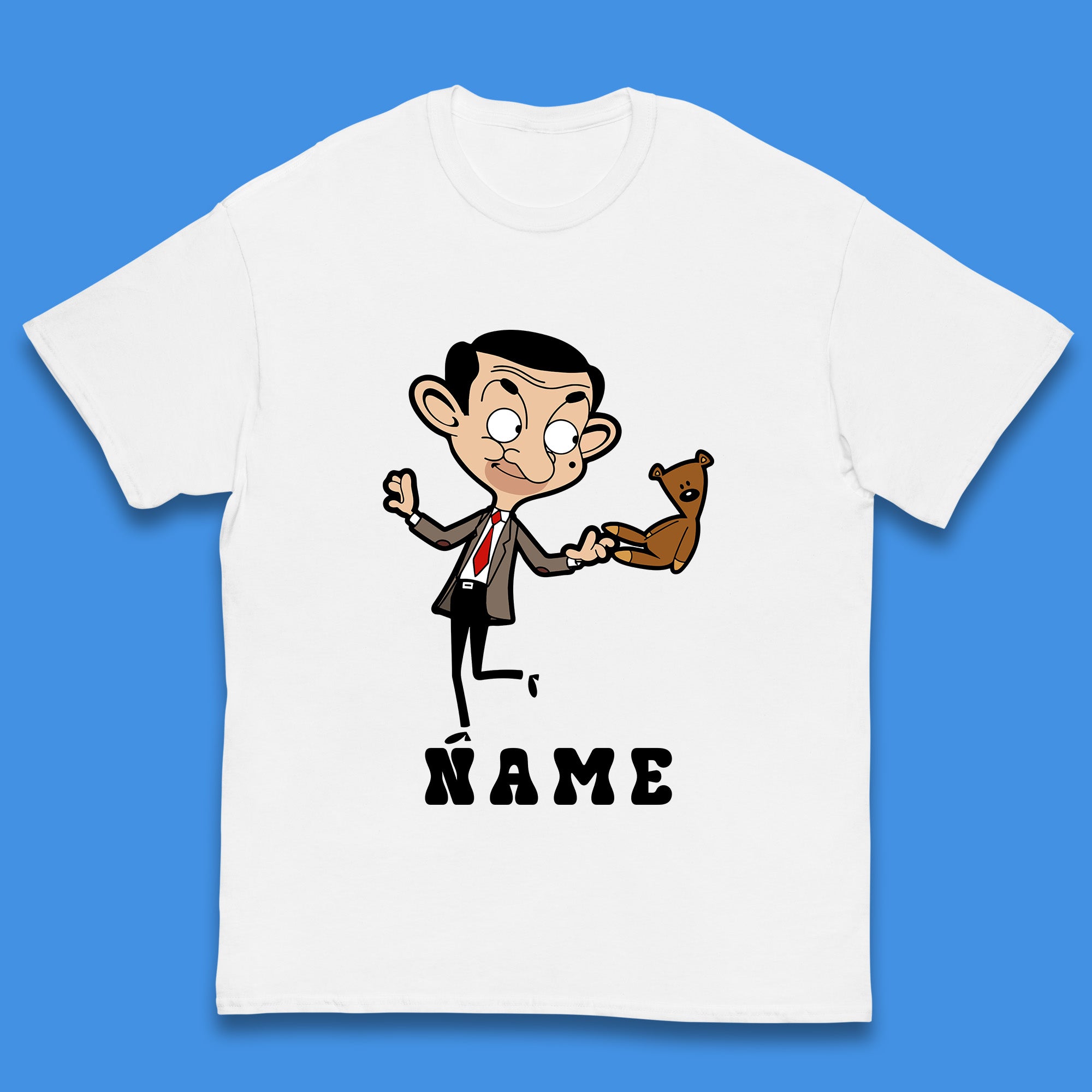 Personalised Mr Bean And Teddy Bear Your Name Comedy Cartoon Animated Series Kids T Shirt 150