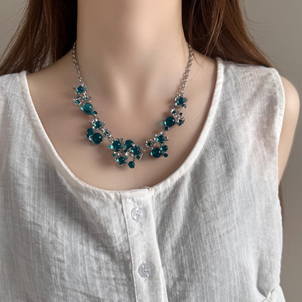 Blue Crystal Flower Necklace, Cool Tone Heavy Design Evening Dress Clavicle Chain