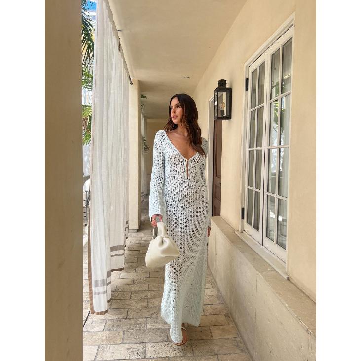 New European And American Beach Vacation Bikini Top With Hollowed Out Crochet Knitted Long Dress