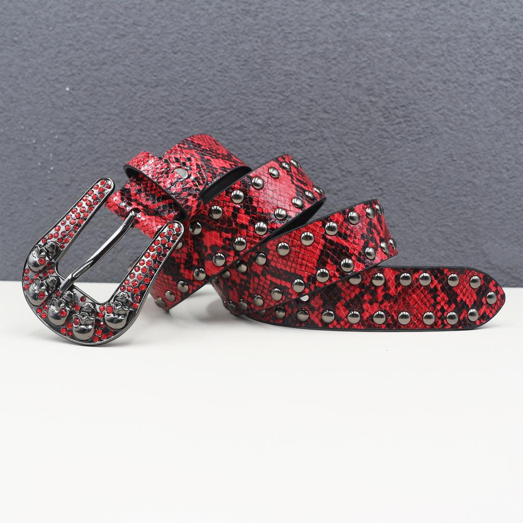 Rhinestone Skull Belt Rivet Punk Decoration Men and Women Belt Abi Decorative Python Pattern Belt