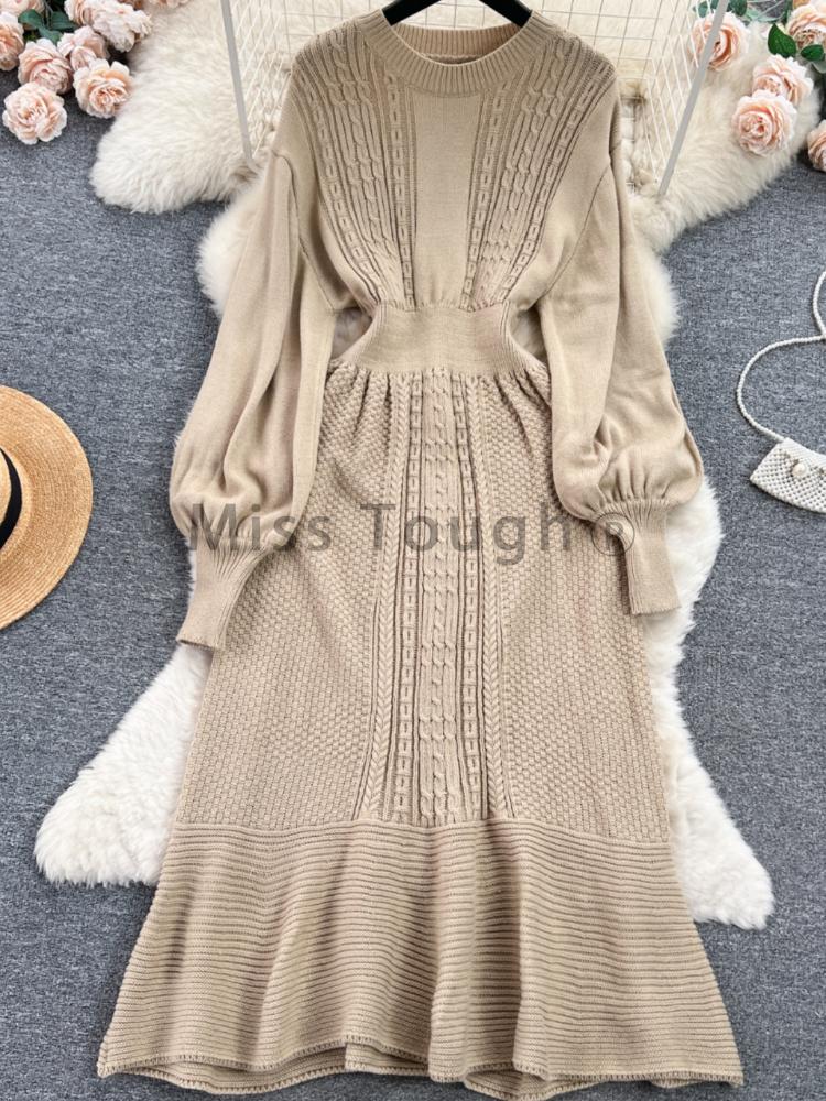 Jesień Francuski Retro Dzianinowa Elegancka Długa Sukienka Kobiety Design O-neck Długi Rękaw Sukienki Damska Moda Casual Jednolita Wąska Odzież