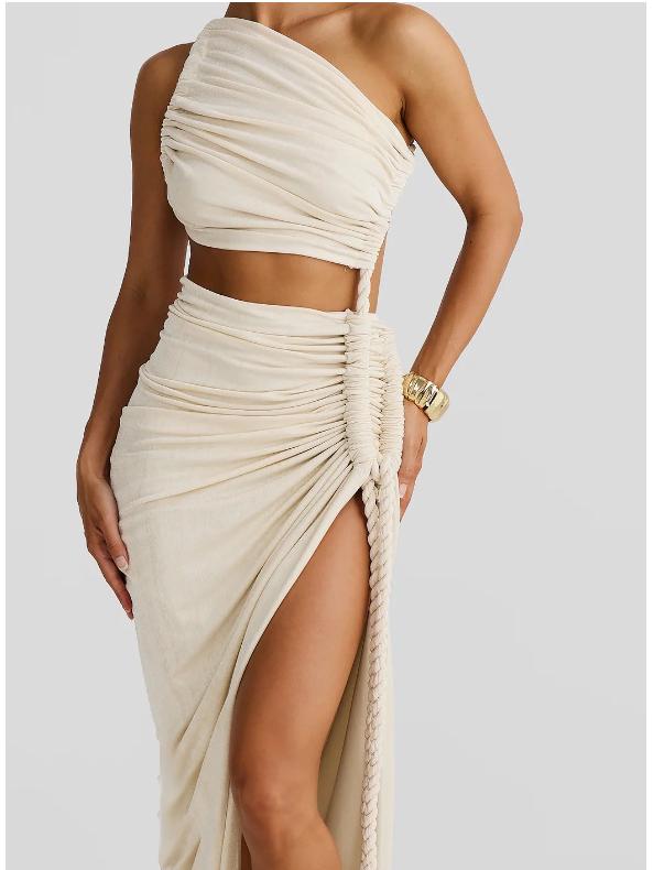 Women's One-Shoulder Ruffled Bandeau Dress: Sexy Summer Backless Split Long Dress
