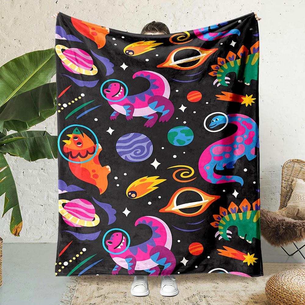 

Cosmic Dino Hooded Blanket Reversible Flannel Polyester AllSeason Softness for Naps Lounging GiftGiving Joy 75x100cm