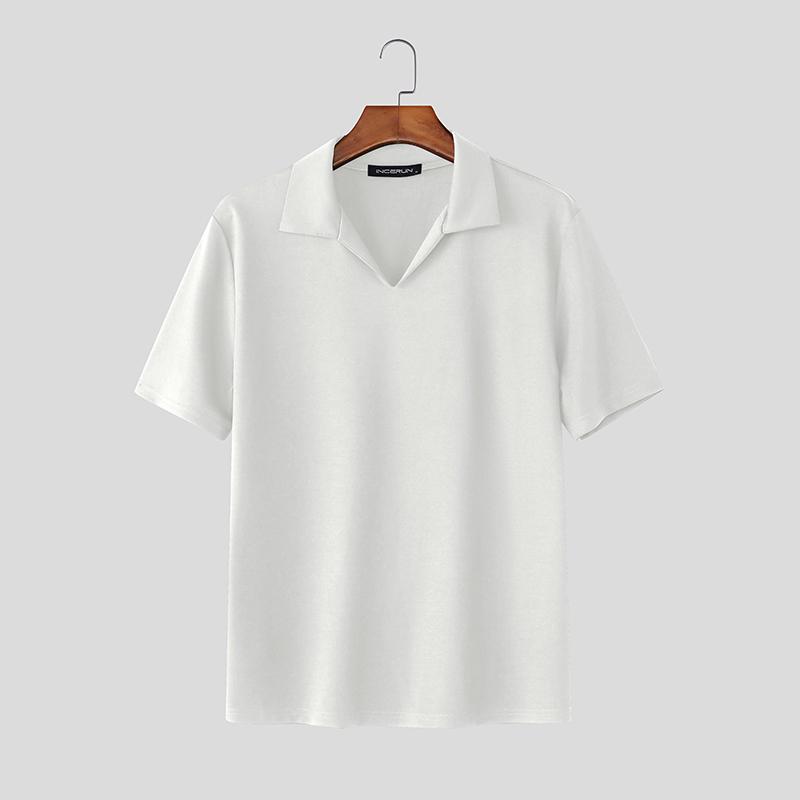 INCERUN Men Lapel Neck Short Sleeve Solid Color Casual Fitted T-shirts Tops