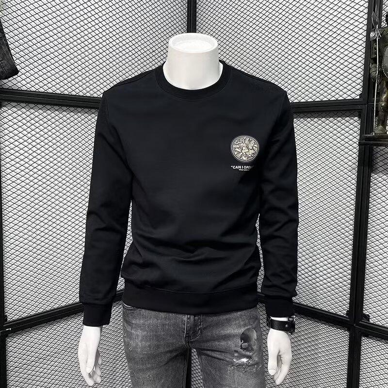 Printed Long Sleeve Casual Sweatshirt for Men, Round Neck Loose Fit Base Shirt, Chic Hong Kong Style Trend