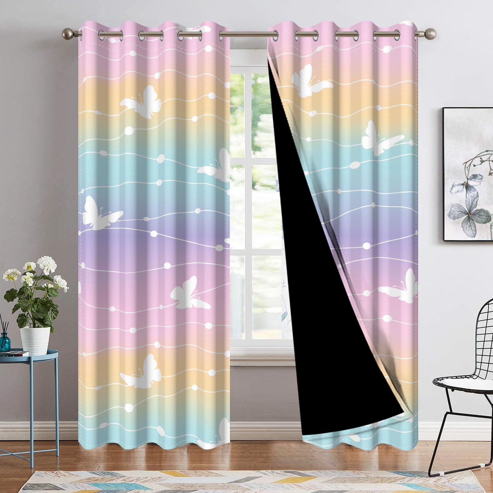 

Set Of 2 Colorful Gradient Window Curtains Bedroom Light Colored Rainbow Living Room White Butterfly Curtain With Darkening Polyester Perfect For W100*H70(CM)-Hooks&1PCS