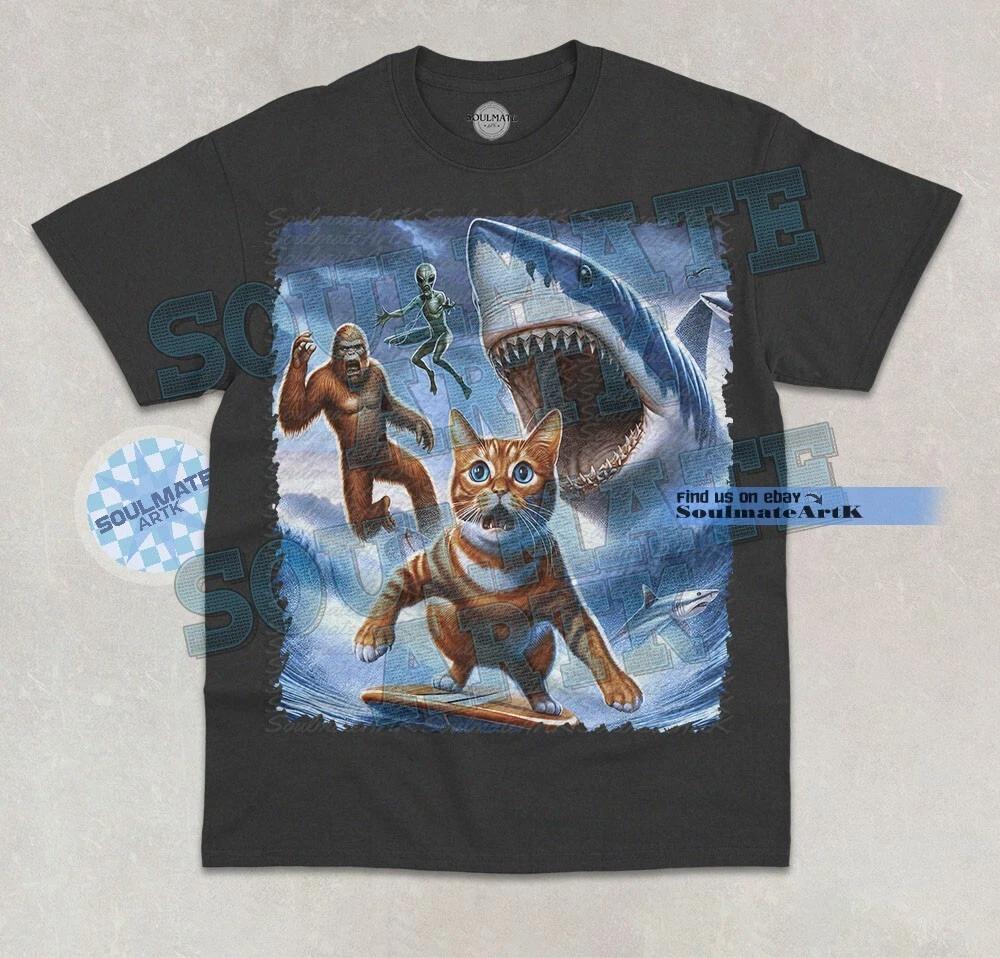 Cat Surfing T- Shirt Funny Bigfoot Shark Alien Meme Joke Brainrot Graphic Shirt S