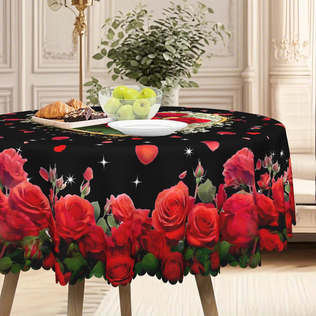 Romantic Black Bottom Red Rose Round Table Cloth, Gold Love Frame, Red Rose Petal Dining Table Decorative Cloth