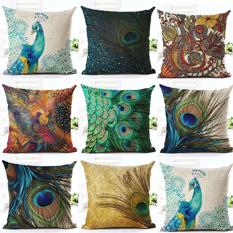 Luxuriöser Kissenbezug aus Leinen in atemberaubendem Pfauendesign für Sofa und Schlafzimmer